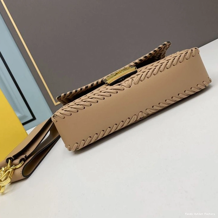 Affordable HOT Leather Stitching Fendi Medium In Bag Baguette Apricot 0814